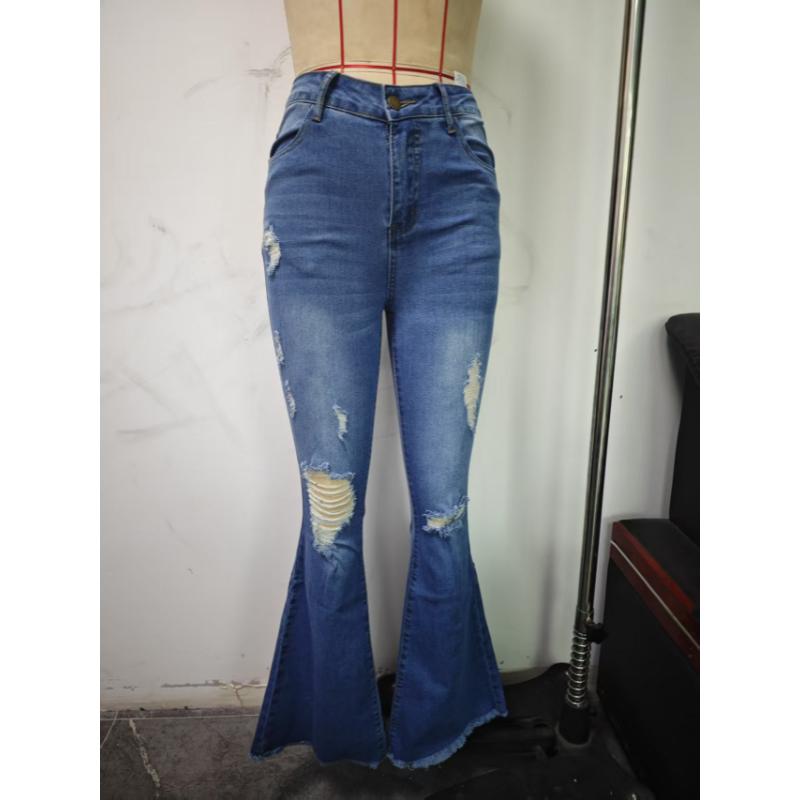 Women Bell Bottom Jeans Elastic Waist Ripped Flared Jean Destroyed Raw Hem Denim Pants