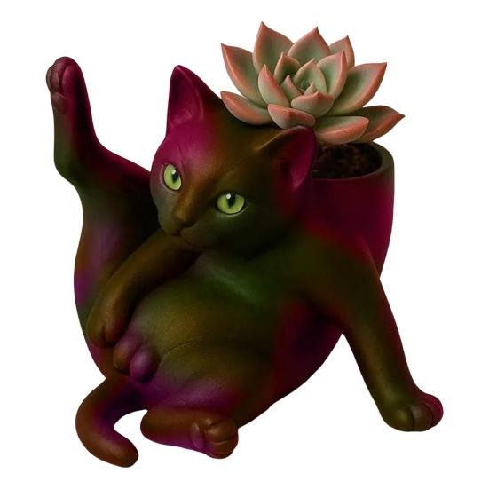 Flower Pot Grooming Cat Shape Planter Pot Stress-Relief Mood Booster Indoor Plant Pot Office Desk Decoration