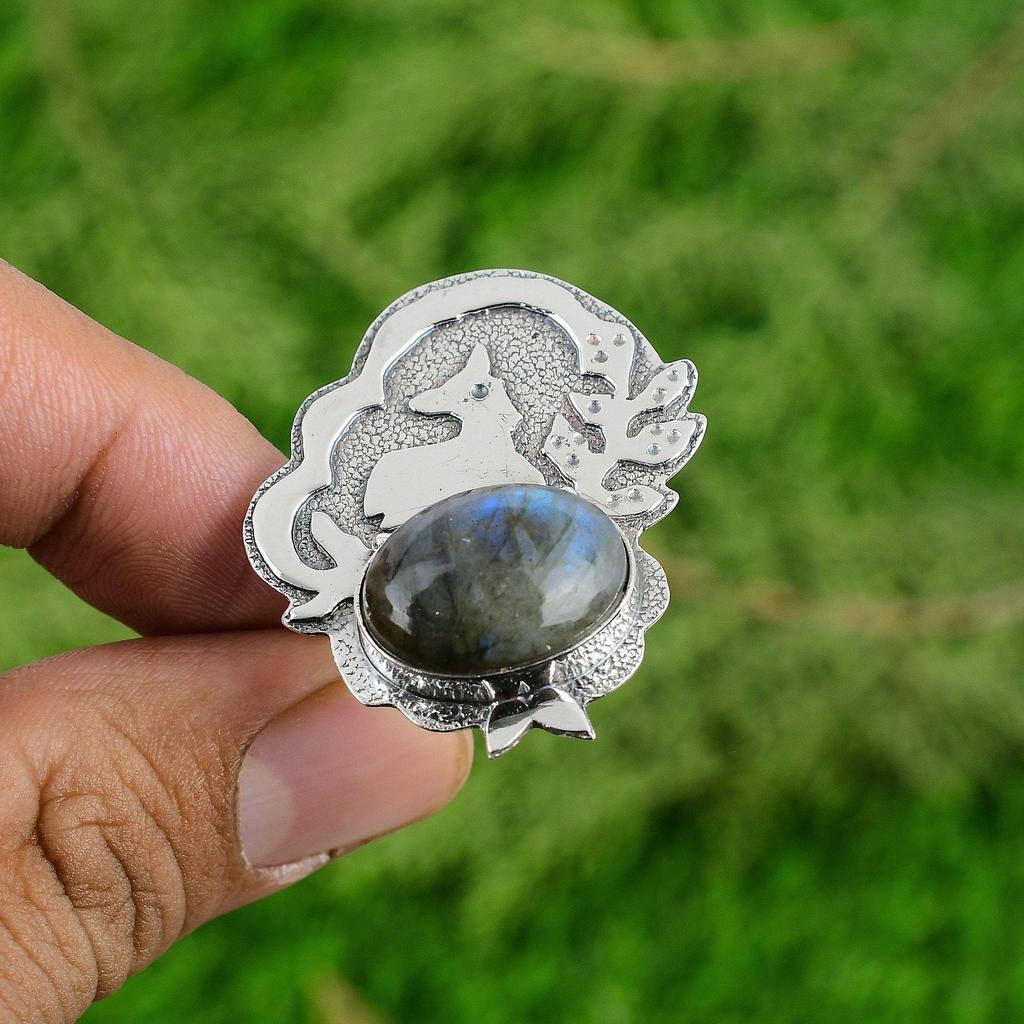 Mothers day Deal 925 Sterling Silver Oval Labradorite Gemstone Boho Promise Ring
