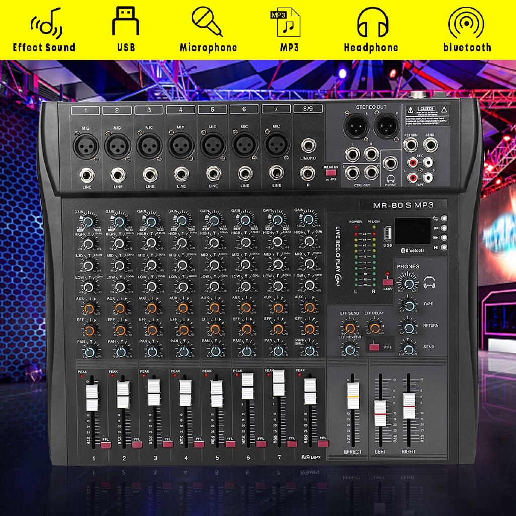 9 Channel Professional Console Studio Audio Mixer USB Bluetooth DJ Sound Mixing for Family KTV Meeting Campus Speech