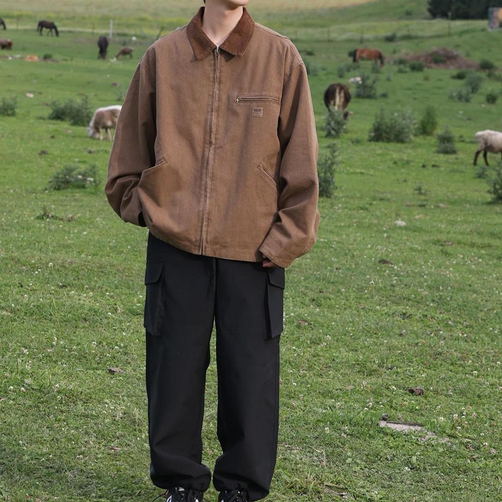 Japanese Retro Coffee-Colored Men's Loose Workwear Jacket