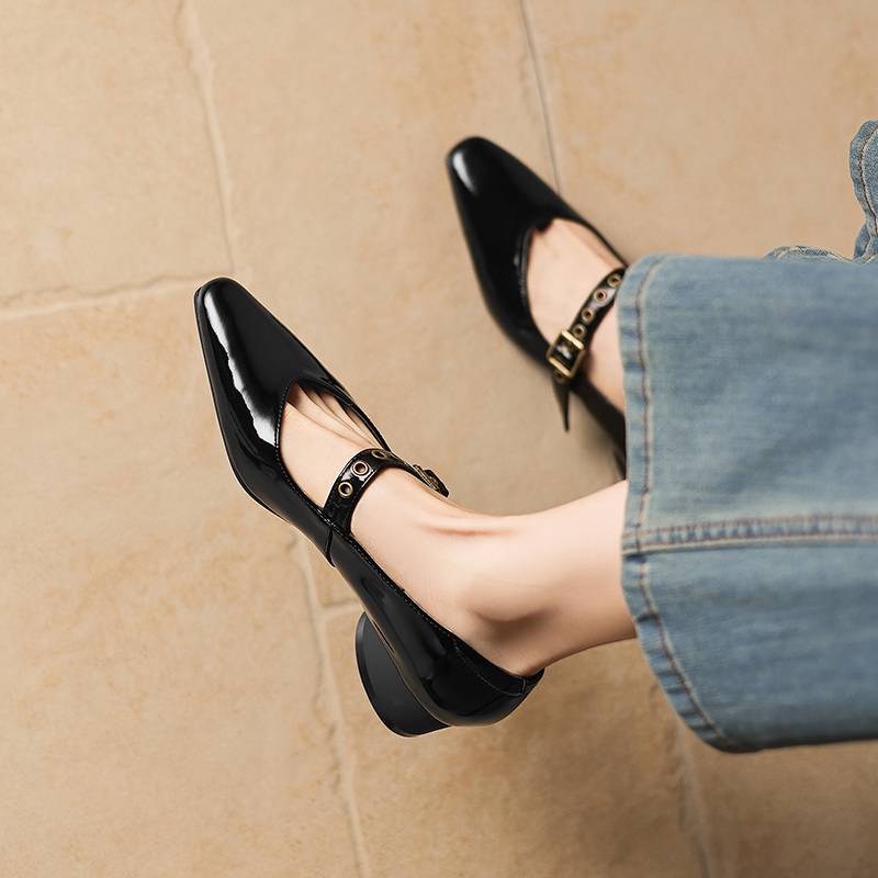 Krazing Pot Genuine Leather Square Toe Low Heels Summer Shoes Big Size 42 Buckle Straps Women Shallow Pumps