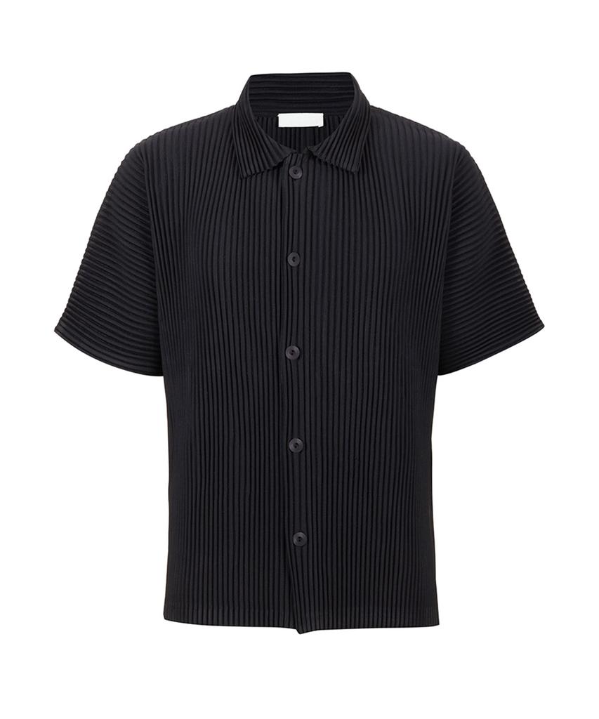Akebteu Ps05X Pleated Button Short Sleeve Collared Open T-Shirt [Black]