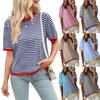Women's Round Neck Half Sleeve Loose Fit Striped Color Block Knit Top Casual Sweater