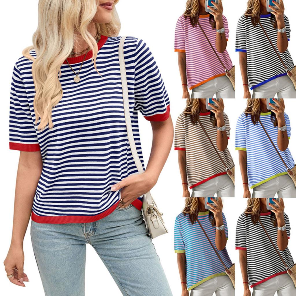 Women's Round Neck Half Sleeve Loose Fit Striped Color Block Knit Top Casual Sweater
