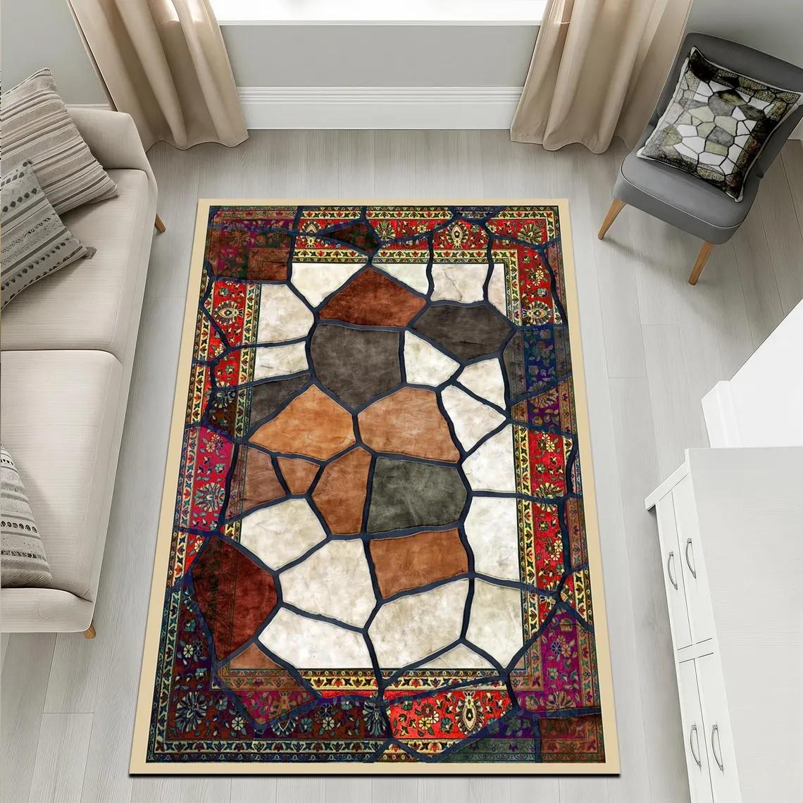 

Vintage Persian Border Area Rug, Modern Geometric Patchwork Carpet, Boho Living Room Mat, Soft Non-Slip Washable Home Floor Rug 50cm x 80cm