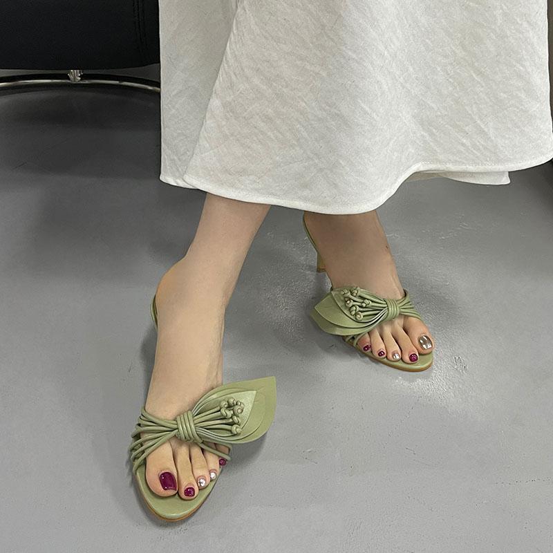 Fashion Green Footwear Butterfly-Knot Women Heels Slides Shoes Female Slippers Fashion Round Toe Ladies High Heels Sandals Shoes Pumps
