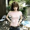 Korean Spice Girl Style Slant Shoulder Design Sense Short Sleeve T-Shirt Women's Summer New Alphabet Printing Slim Skinny Top