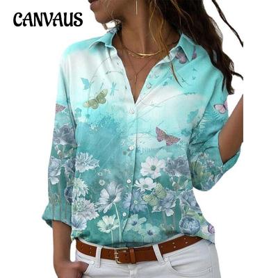 Camicia da donna taglie forti a maniche lunghe con stampa e risvolto per primavera e autunno