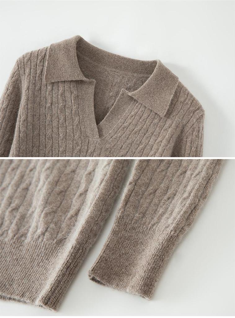 Women's Slim Fit French Polo Collar Long Sleeve Silk-Cotton Knitted Sweater.