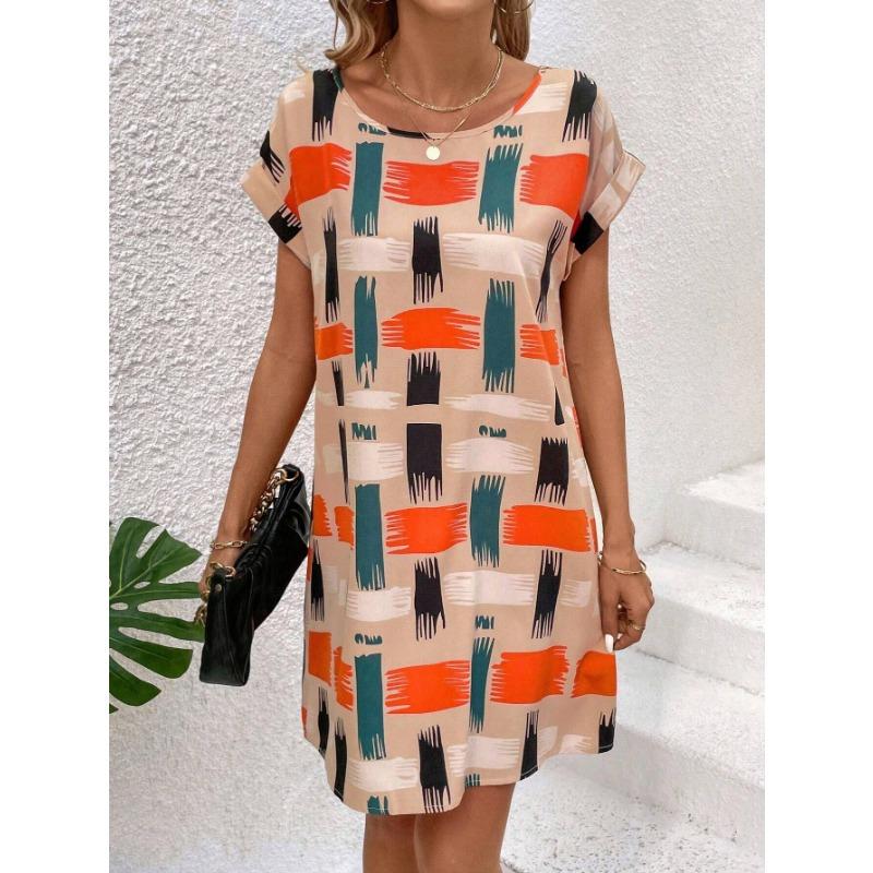 Women s Abstract Print Sleeve Dress, Casual Short Sleeve Round Neck Short Dress for Summer S