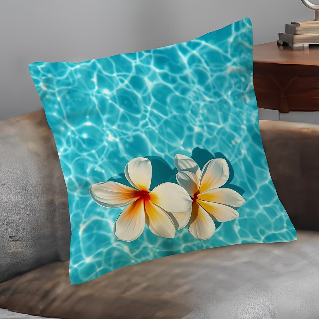 pc D Flat (Pillow Not Included) White Frangipani Pool Water Cushion Cover Short Plush Tropical Summer Decor Pillow Case