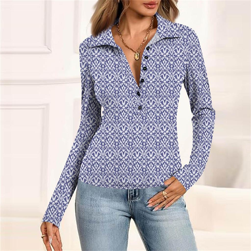 Haut Décontracté Imprimé à Manches Longues et Col en V Boutonné pour Femme