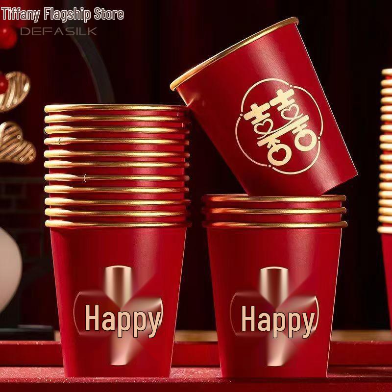 Gold Foil Double Happiness Disposable Red Paper Cups for Weddings & Engagements