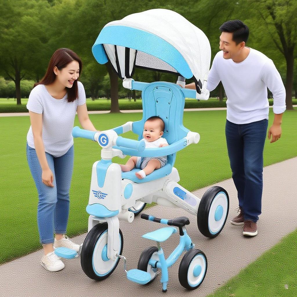 Baby Tricycle with   Parents Push Handle Music Light Folding Canopy Toddler Kids Trike for 18 Month to 5 Years Boys Girls