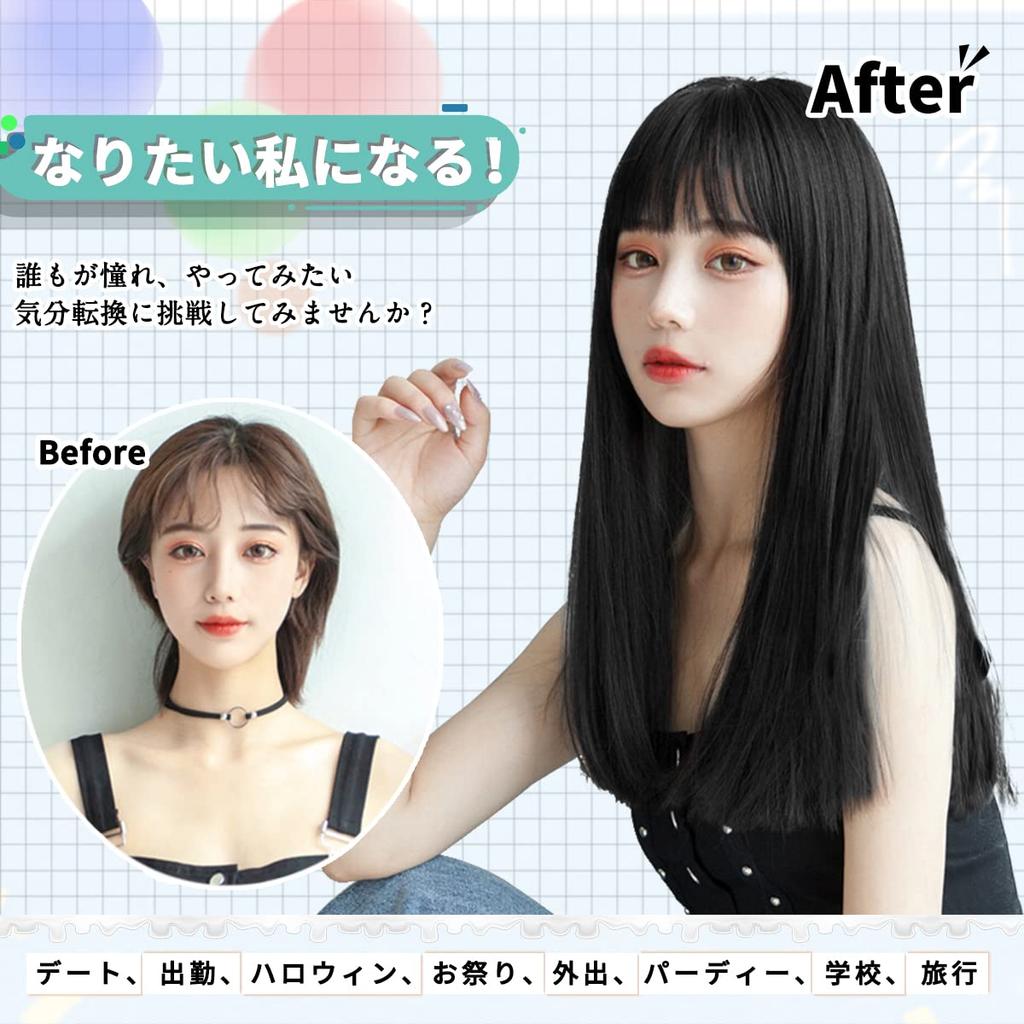ORSUNCER Wig Black Straight Black Medium Black Hair Crossdressing Wig Thick Bangs Small Face Natural Harajuku Style Heat Resistant Ladies Full Wig