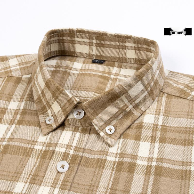 Brand Men's Pure Cotton Brushed Plaid Long Sleeve Shirt - High-End, Versatile, Casual, Thick Style for Youth