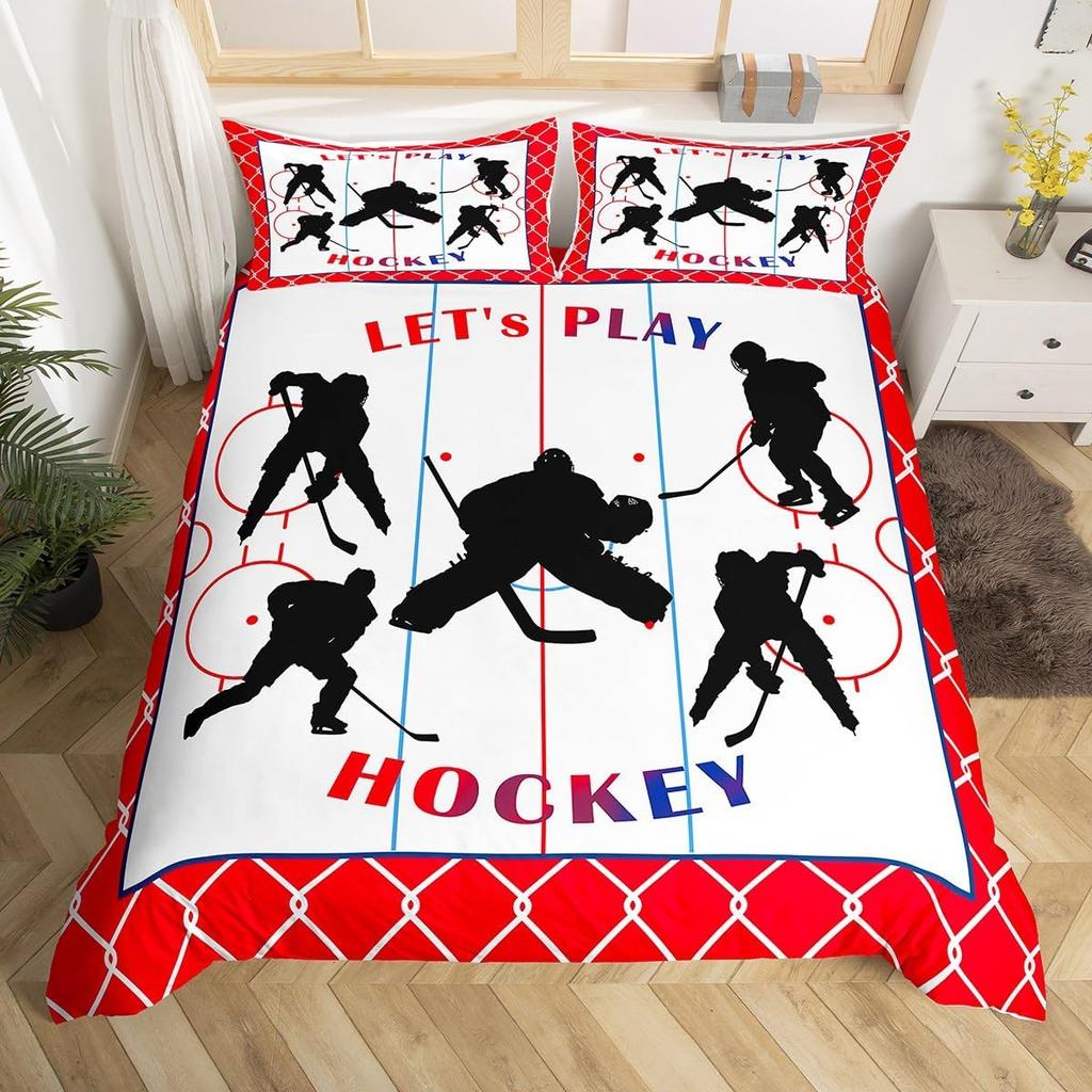 Ice Hockey Duvet Cover Twin Queen for Kids Boys Girl Young Man Winter Ice Sports Games Comforter Cover Helmet Skates Bedding Set