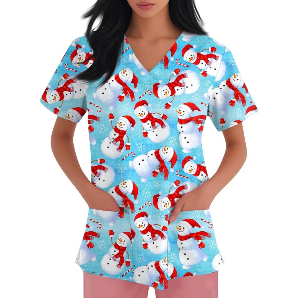 Clinical Uniform Women Gingerbread Santa Claus Print Christmas V-Neck Scrubs Women Fashion Short Sleeve Surgical Uniforms Top's