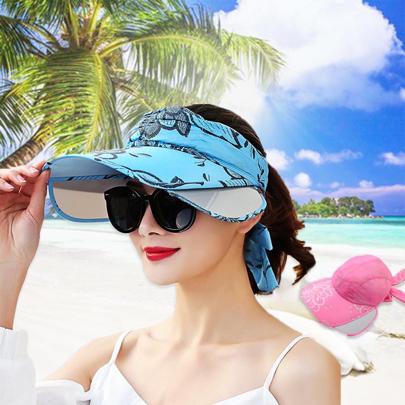 K164 Women's Baseball Beach Sun Hat Panama Sunshade Sun Protection Print Summer Big Brim Stretchable Baffle Cap