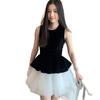 Seaside vacation French retro velvet splicing ballet dress princess mesh sleeveless vest dress tutu skirt
