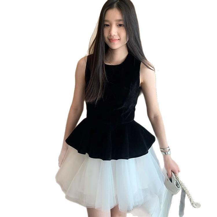 Seaside vacation French retro velvet splicing ballet dress princess mesh sleeveless vest dress tutu skirt