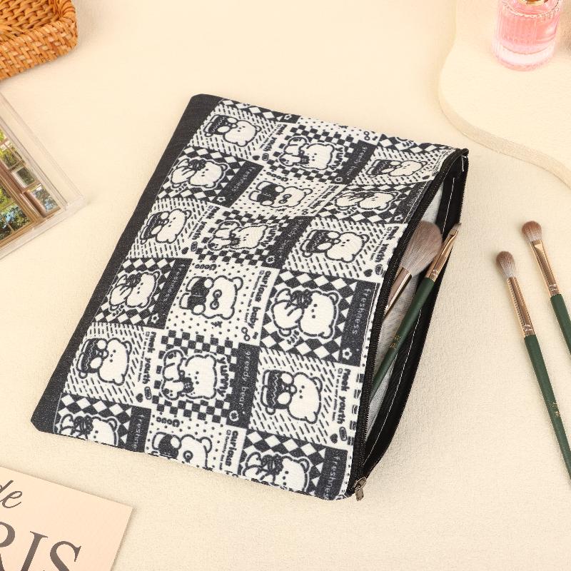 Cute Black Plaid Bear Cosmetic Bag Cartoon Clutch Makeup Bag Travel Toiletry Bag Large Capacity Storage Pouch Coin Purse Gifts