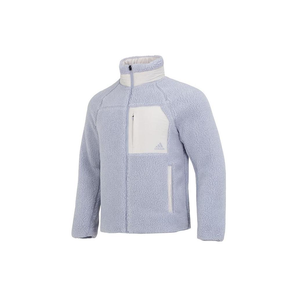 Adidas FW22 Logo Print Sherpa Reversible Warm Stand Collar Long Sleeve Cotton Jacket Men Tops Blue HN2078