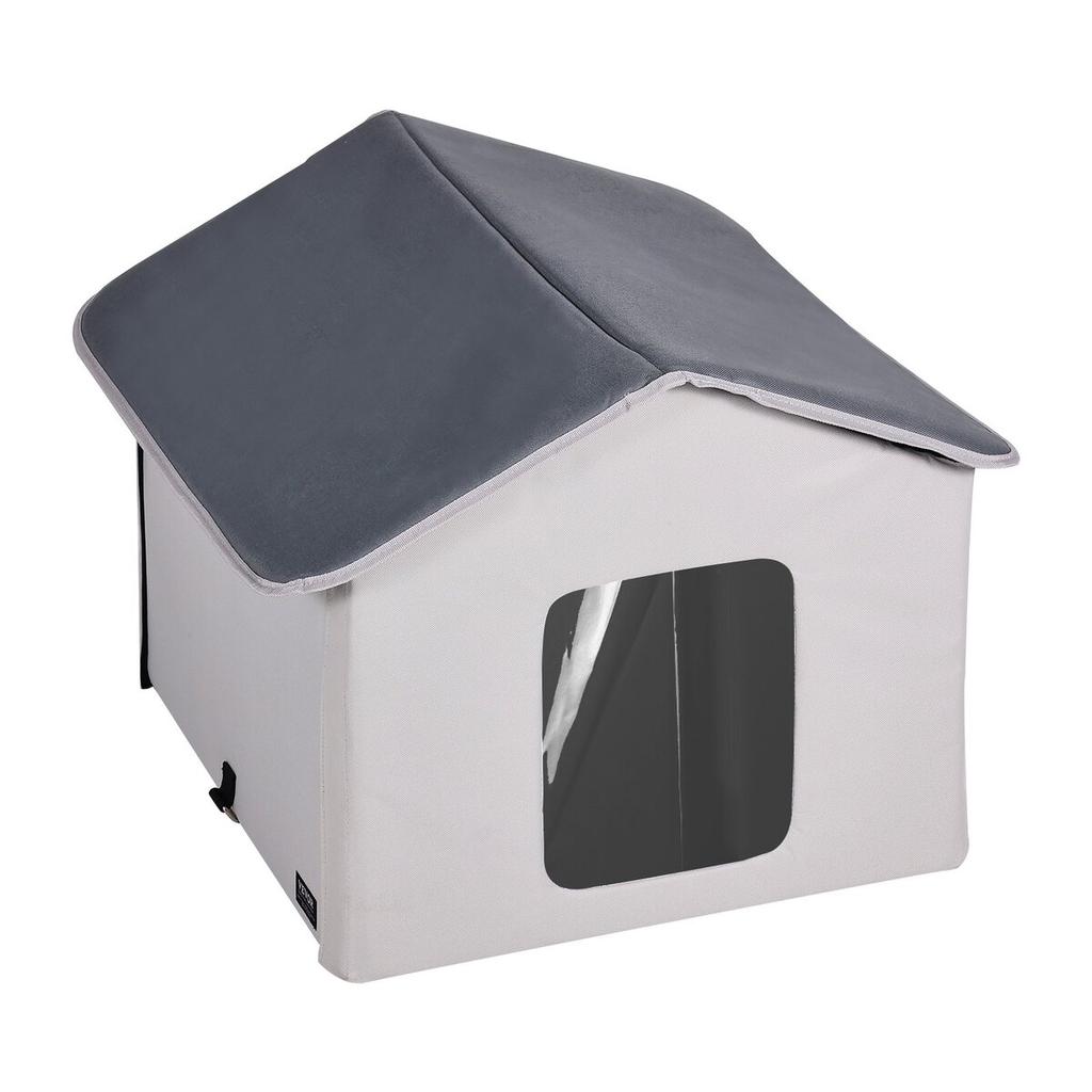 Heated Cat House Foldable Kitty Shelter with Heated Pad Gray Middle