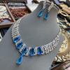Luxury Full Diamond Dense Zircon Lake Blue Water Drop Pendant Earrings Bridal Wedding Dress Necklace Set Jewelry