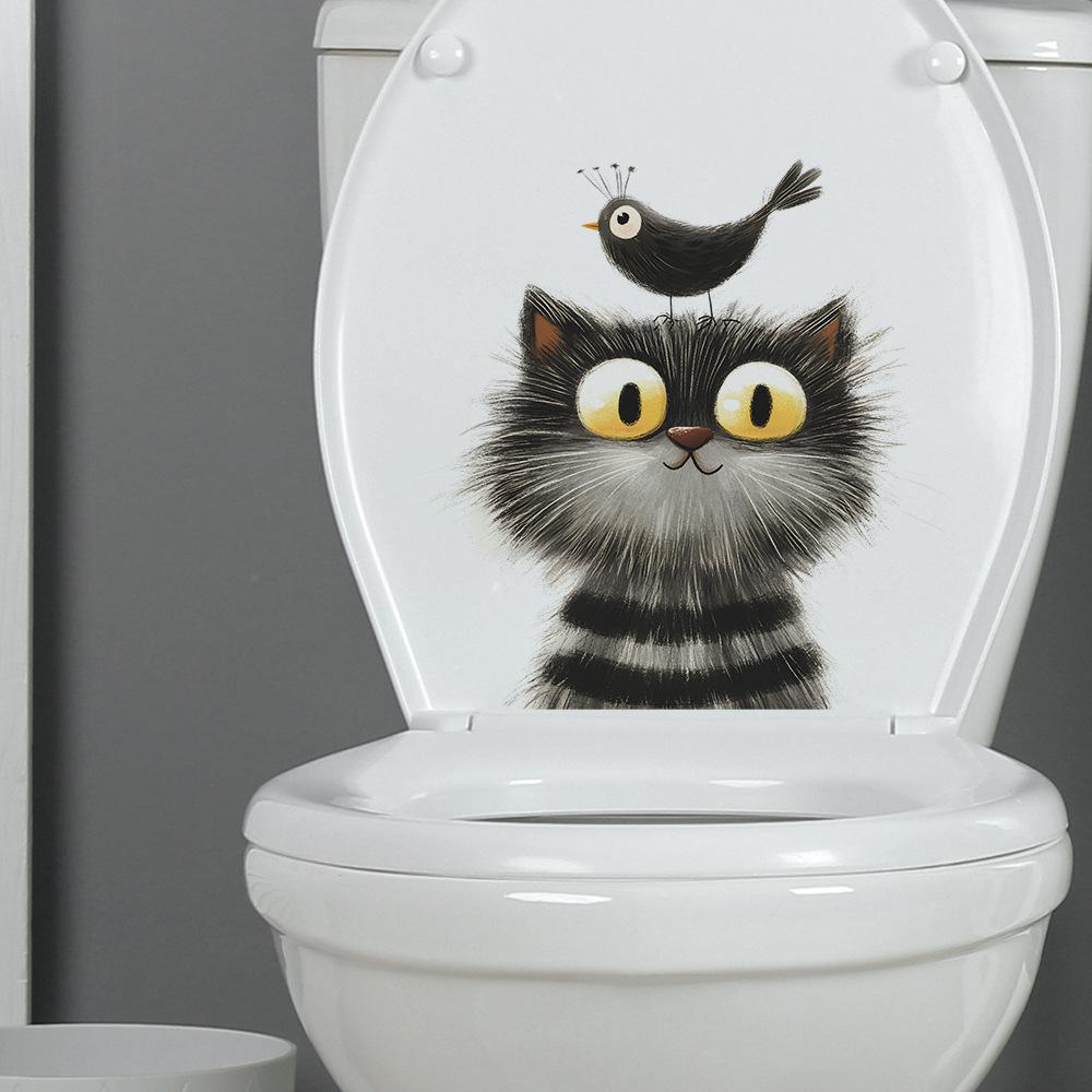 Cartoon Grey Cat Bird Toilet Bathroom Decoration Wall Stickers