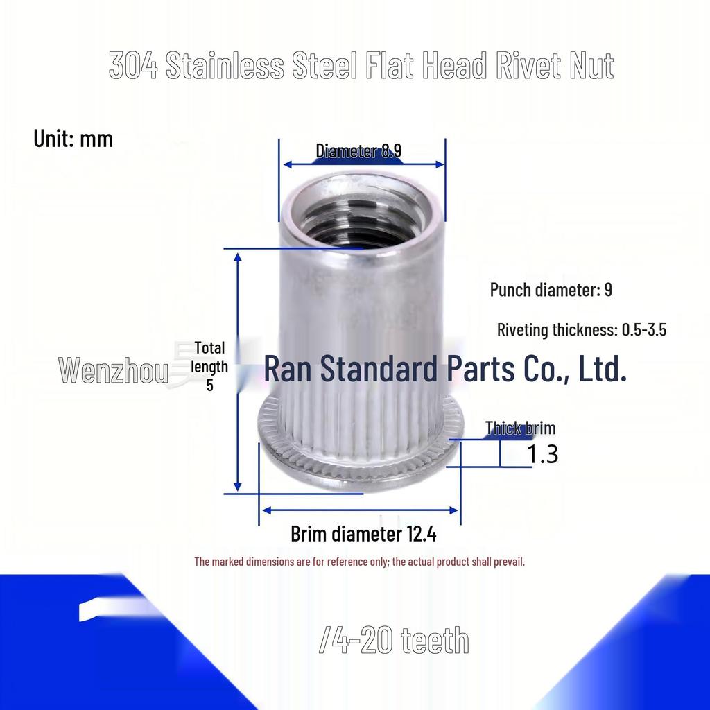 304 Stainless Steel Knurled Flat Head Rivet Nut with Vertical Ribs