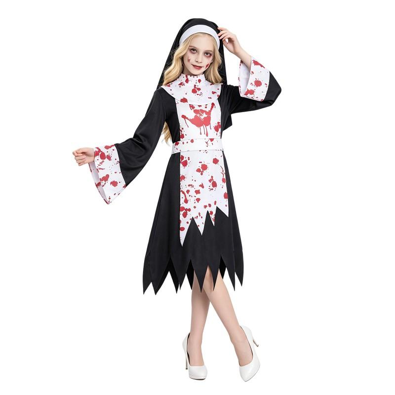 Bloody Nun Cosplay Costume Dress With Headpiece Anime Game Role Play Gothic Horror Theme