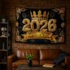 Black Gold 2026 New Year Banner Glitter Pink Polyester Party Backdrop Firework Balloons Celebrate Photography Backdrop