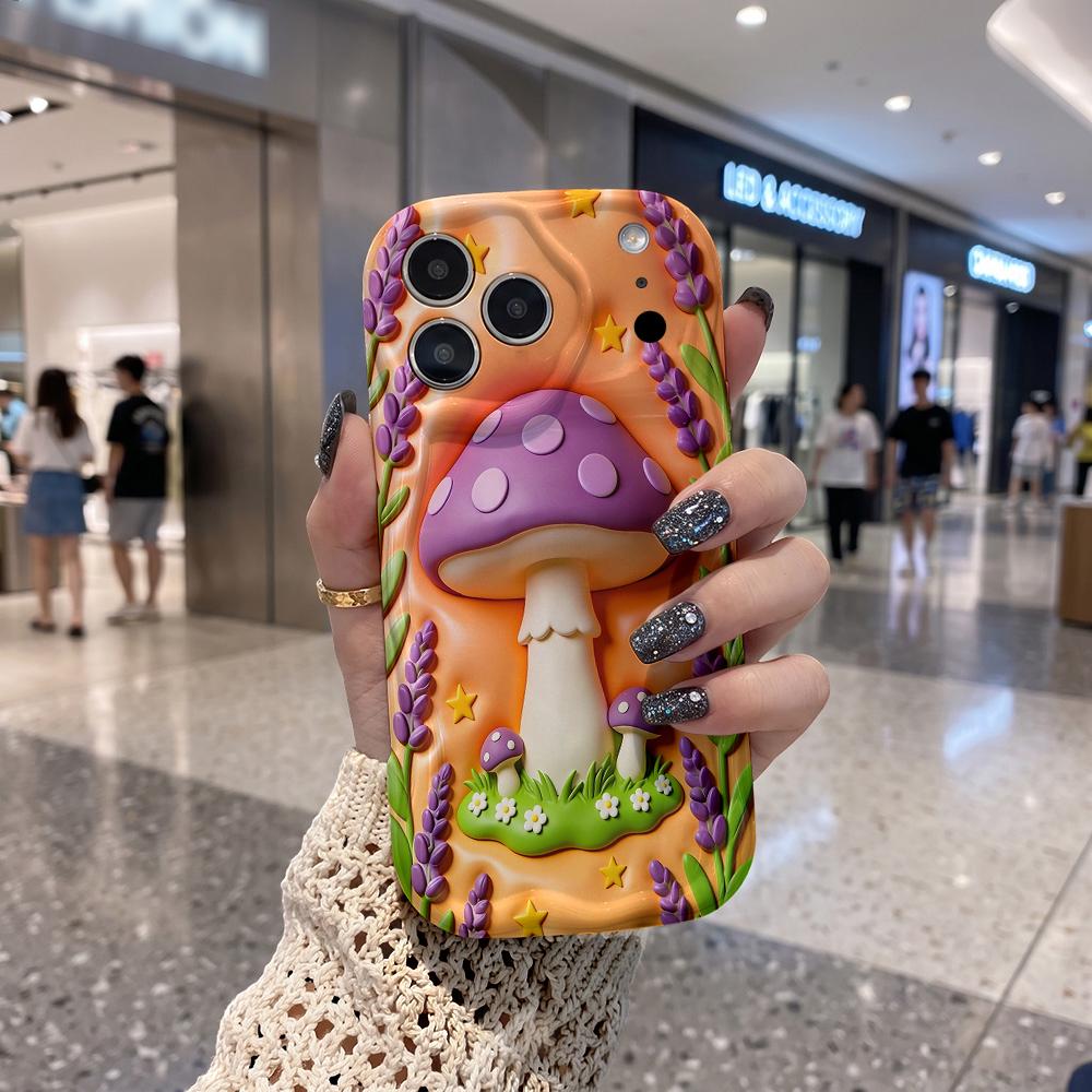 Polka Dot Mushroom Lavender Star Wavy Edge Phone Case for iPhone 17 16 15 14 13 12 11 8 7 Plus Pro Max Fun Design