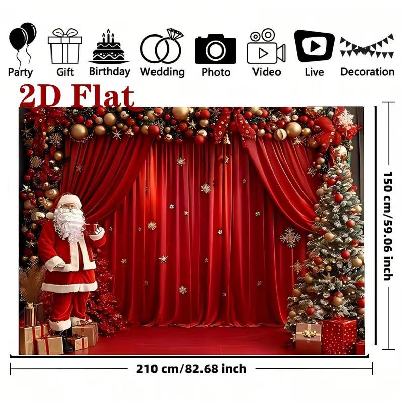 2D Christmas Red Curtain Backdrop Santa & Tree Party Photography Background