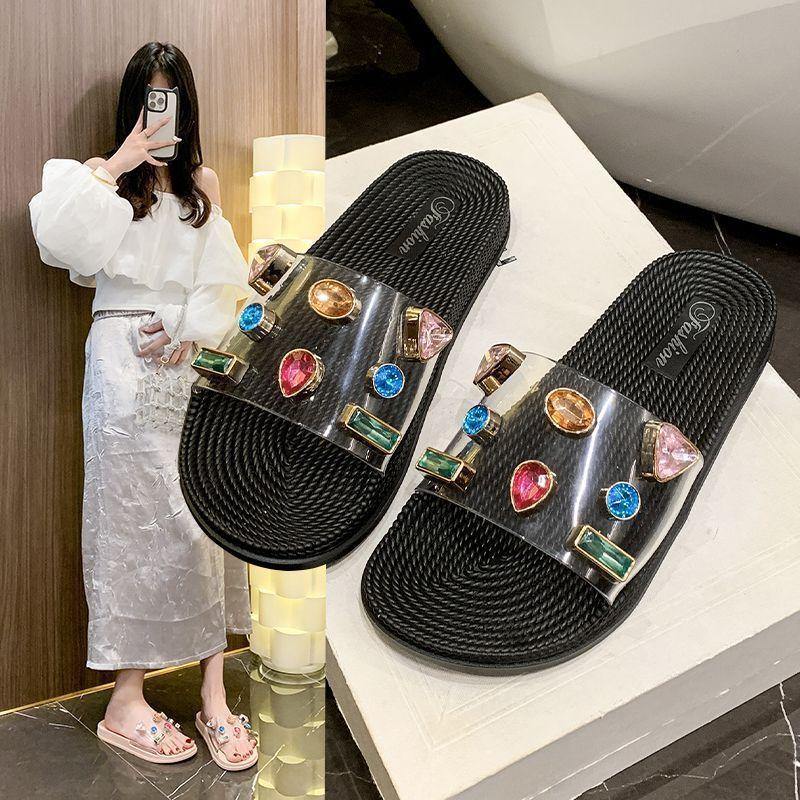 Versatile fashion women transparent Internet celebrity thick bottom cool slippers Internet celebrity rhinestone slippers wear 2025 summer and autumn 