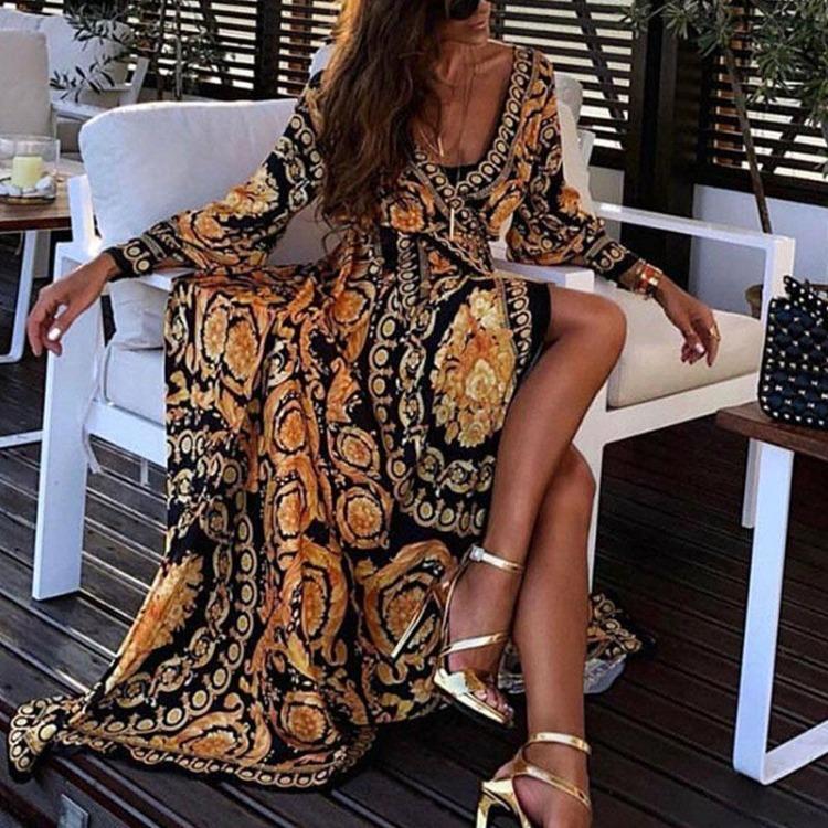 Boho Summer Womens V Neck Printed Long Maxi Sundress