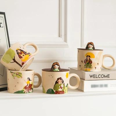 400ml Niedliches Mädchen Retro Keramikbecher mit Deckel Kaffeetasse Personalisiert Frühstück Milchbecher Festivalgeschenk Paar Wasserbecher Büro