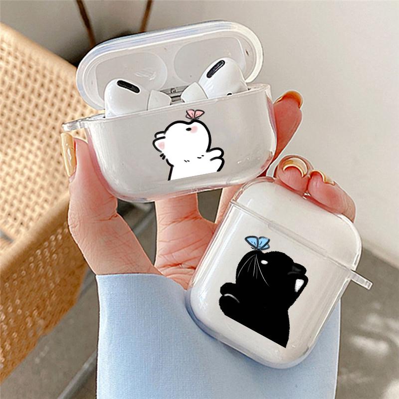 Cute Cartoon Couque Cat Clear Earphone Case For Apple AirPods 4 3rd 2 Pro2 Transparent Cover For Airpod 1 3 Protective Fundas
