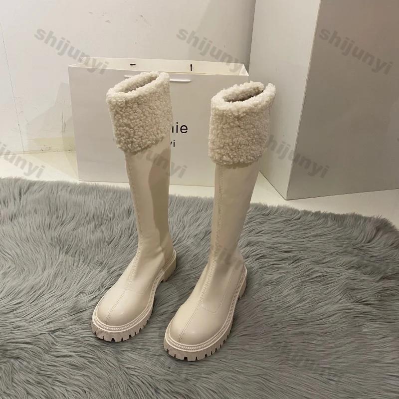 Fashion Women Winter New Soft Leather Knee Boots Ladies Fashion Outdoor Thick Soled Black Long Round Toe Knee-high Knight Boots Footwear