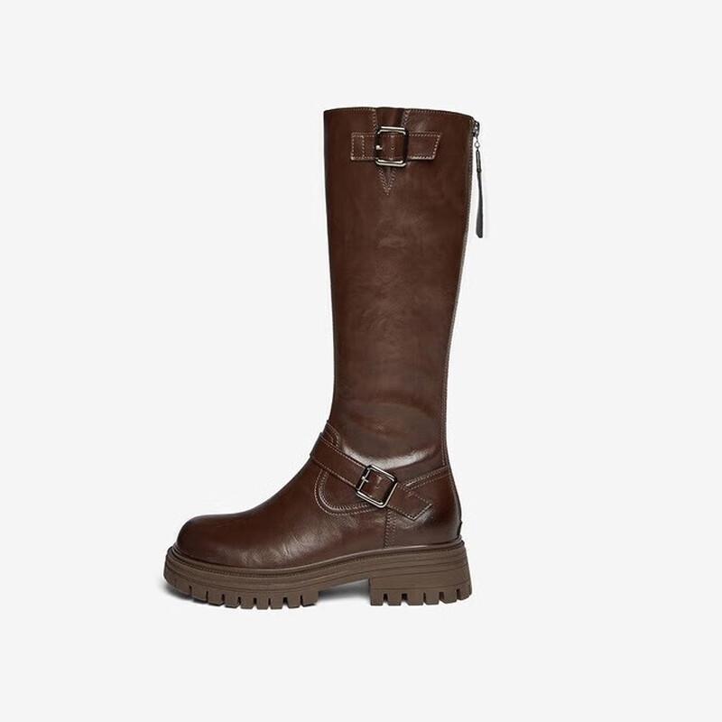 BASTO Women s Winter Fashion Thick-Sole Buckle Strap Knight Boots 36