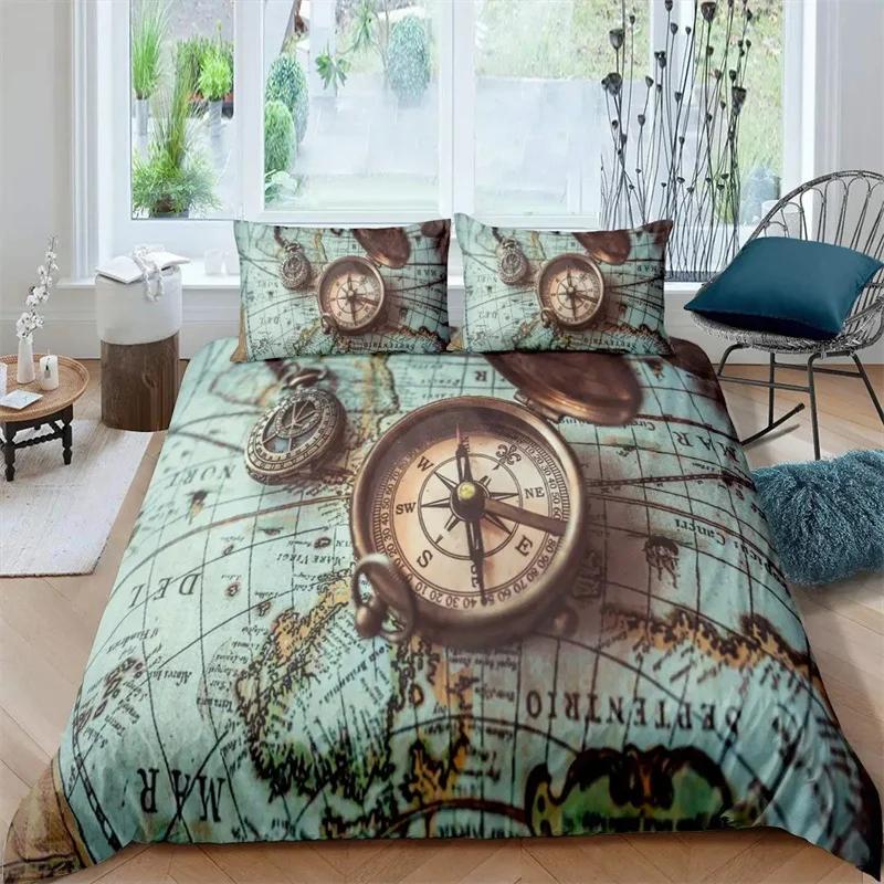 Duvet Cover Compass and Wind Rose Nautical Theme Voyage Words Decorative Bedding Blue White Room Decoration for Women Men Gifts