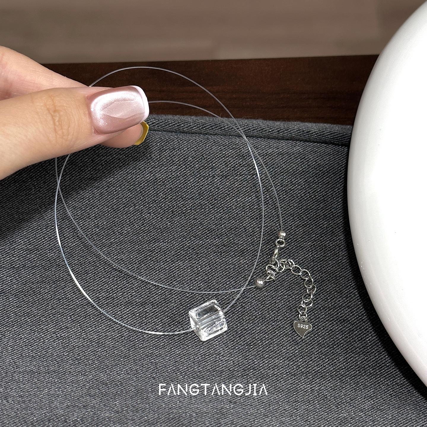 Natural white crystal cube luxury invisible sterling silver necklace with a high-end feel, niche fishing line collarbone chain Natural White Crystal Inv