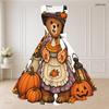 Women Plus Size Two Piece Dress Set Short Sleeve Cropped Shrug Sleeveless Square Neck Tie Waist Flared Bear Pumpkin Printed