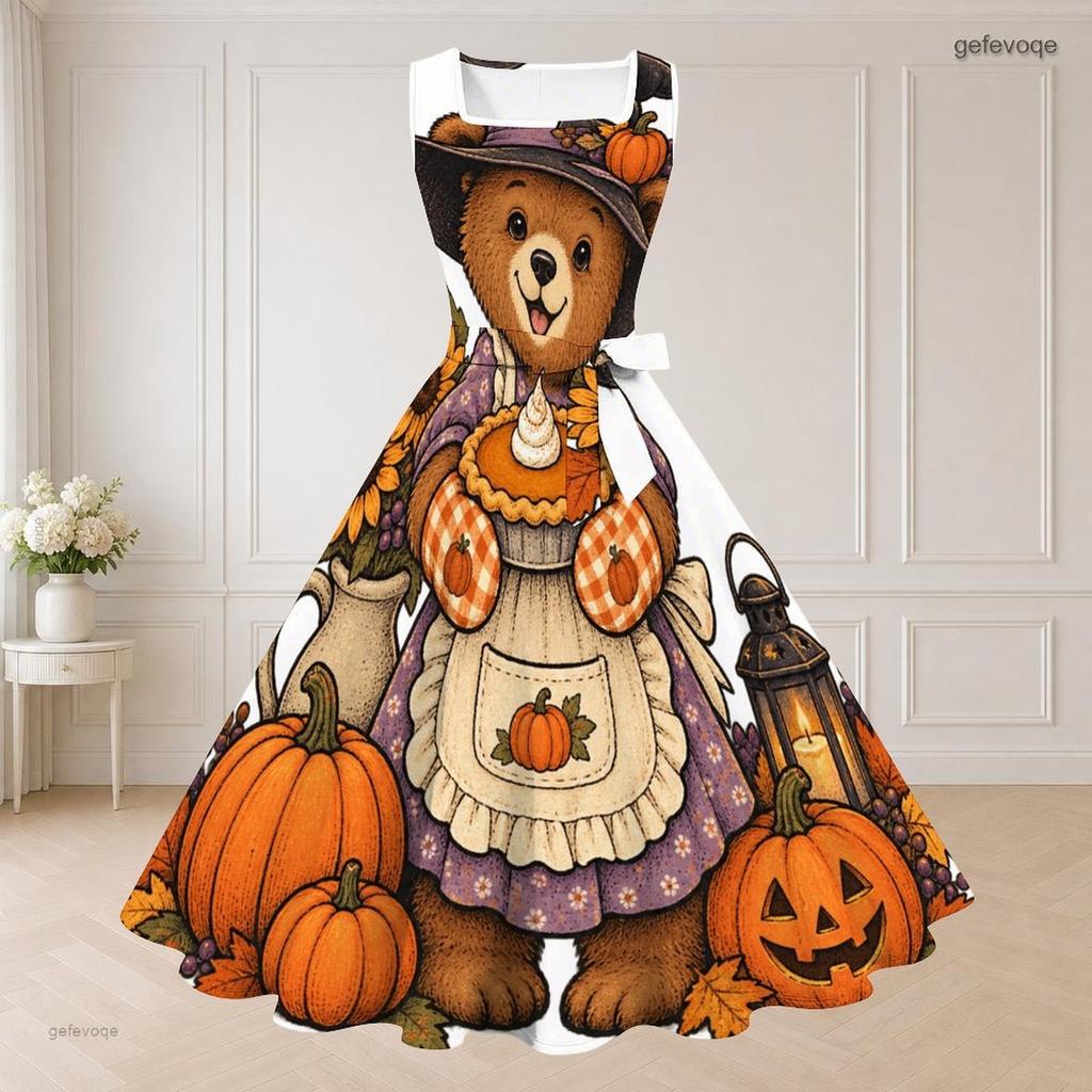 Women Plus Size Two Piece Dress Set Short Sleeve Cropped Shrug Sleeveless Square Neck Tie Waist Flared Bear Pumpkin Printed