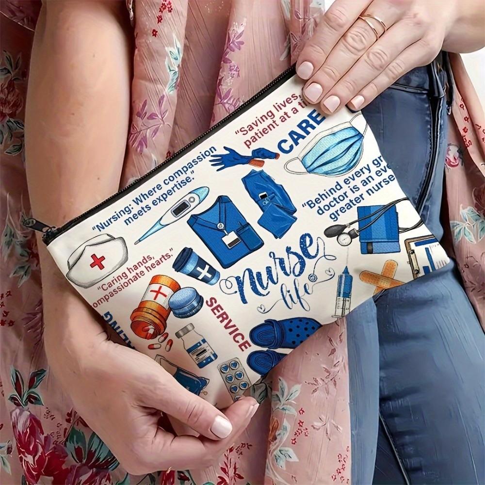 Canvas Charger Storage Pouch Print Design Zipper Closure Electronics Bag Large Capacity Cable Organizer Bag for Office Desk