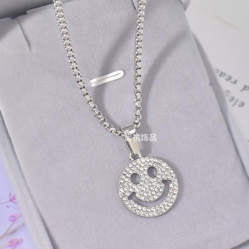 Full Diamond Smiley Necklace Trendy Hip Hop Unisex Long Sweater Chain