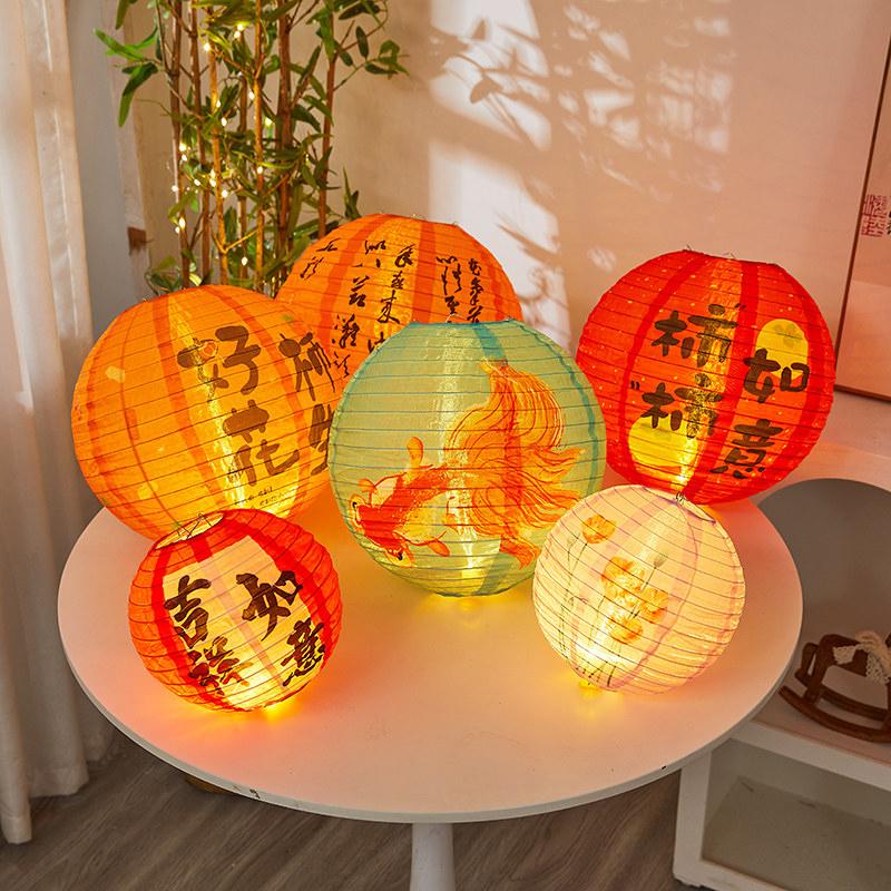 20cm Chinese Style Printed Round Lantern Waterproof Cloth Outdoor Decor Hanging Lantern For New Year Wedding Festival Decoration