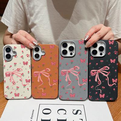 For iPhone 16 15 Pro Max 14 Pro 13 12 11 Case Bowknot Floral Print Slim TPU Leather Texture Soft Matte Shockproof Phone Cover